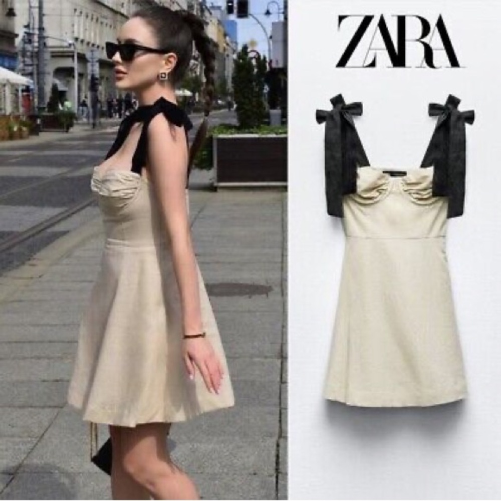 Zara Ruffled Beige Mini Dress Small with Bows